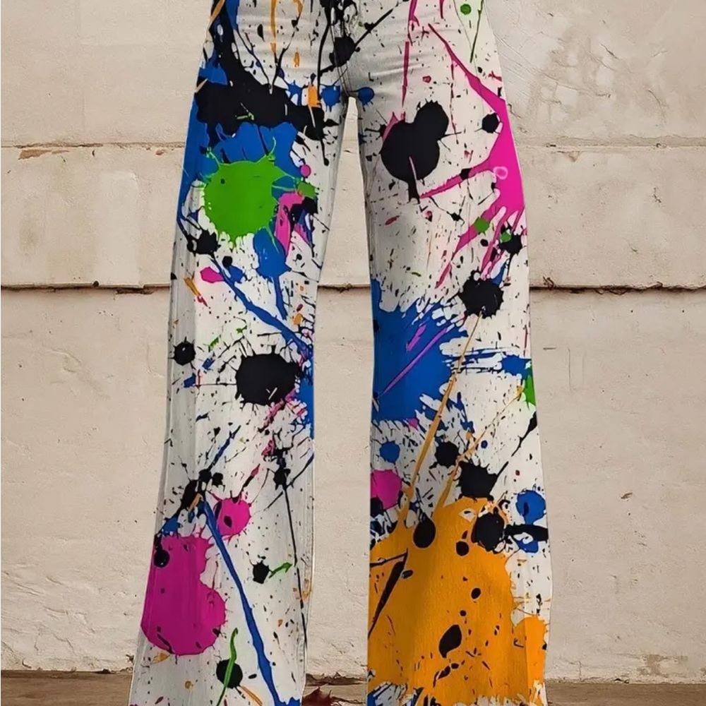Colorful Splatter Print Wide-Leg Pants